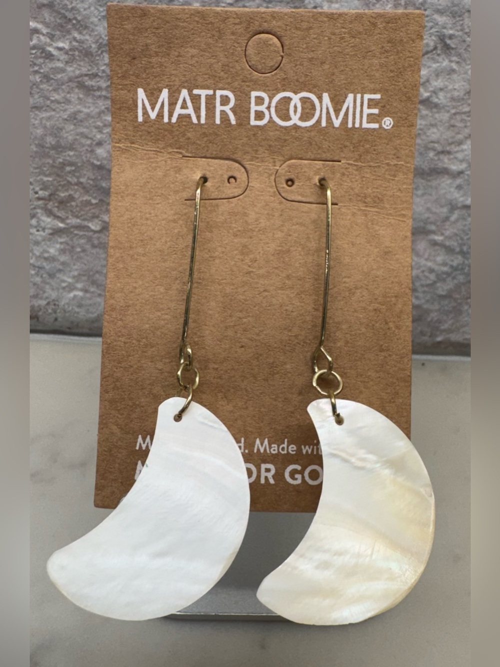 NWT Matr Boomie Mo of Pearl Crescent Moon Dangle Earrings Gold Boho Minimalist